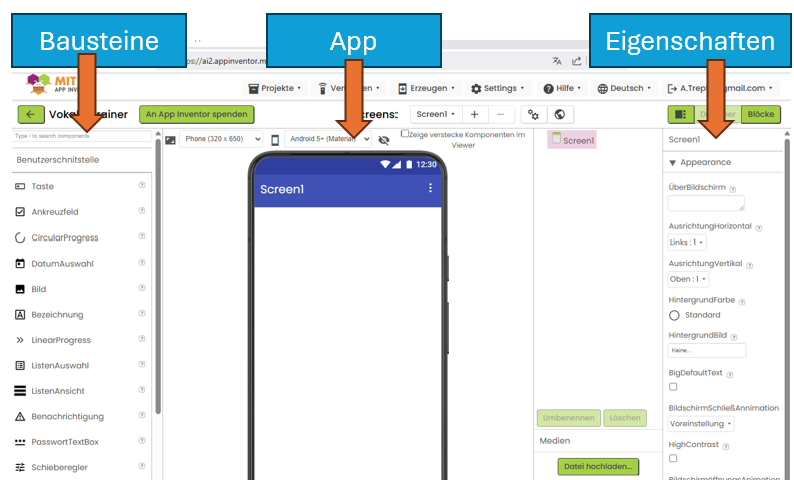 Die App-Inventor-Benutzeroberfläche mit drei Bereichen: Bausteine links, App-Vorschau Mitte, Eigenschaften rechts