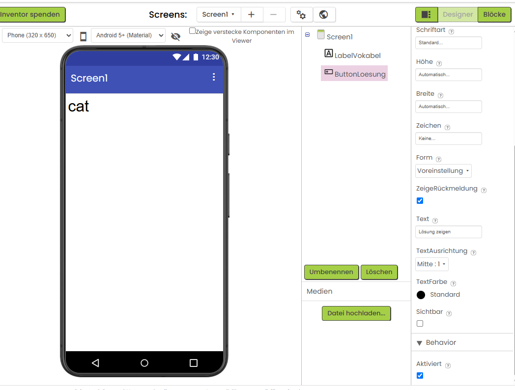 Designer-Ansicht mit cat auf dem Handy, LabelVokabel und ButtonLoesung in der Komponentenliste