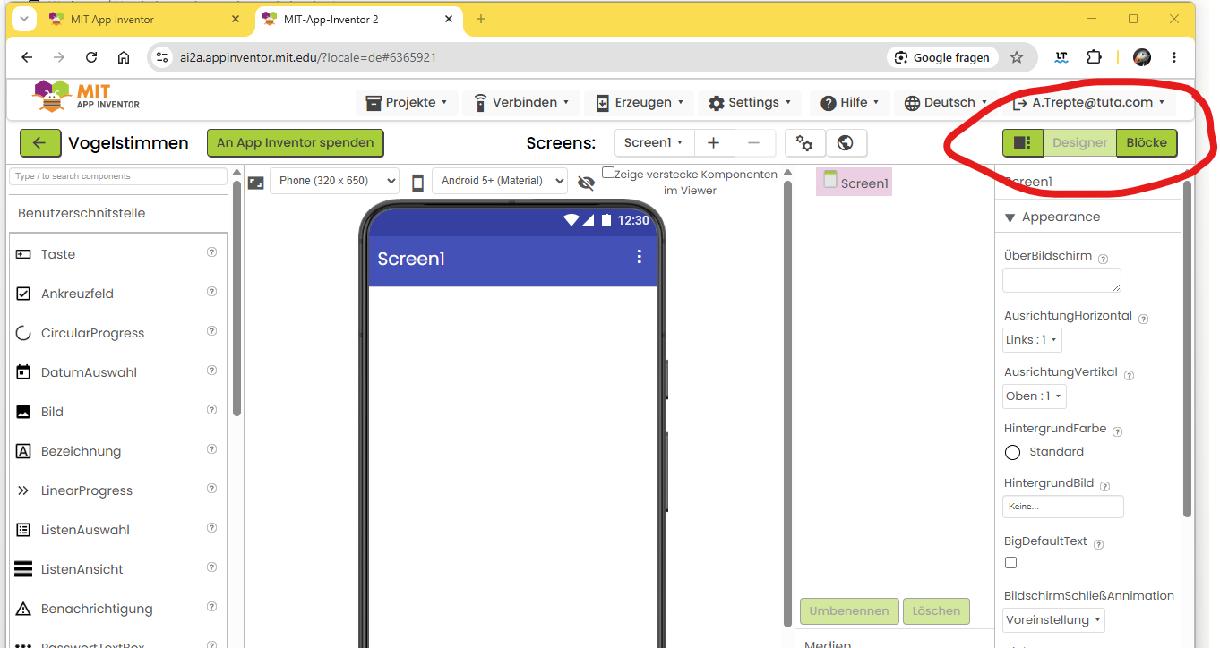 App Inventor Oberfläche