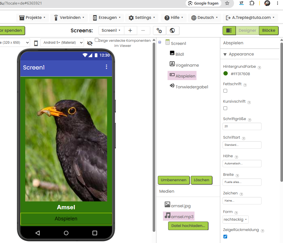 App-Layout mit Foto, Name und Button